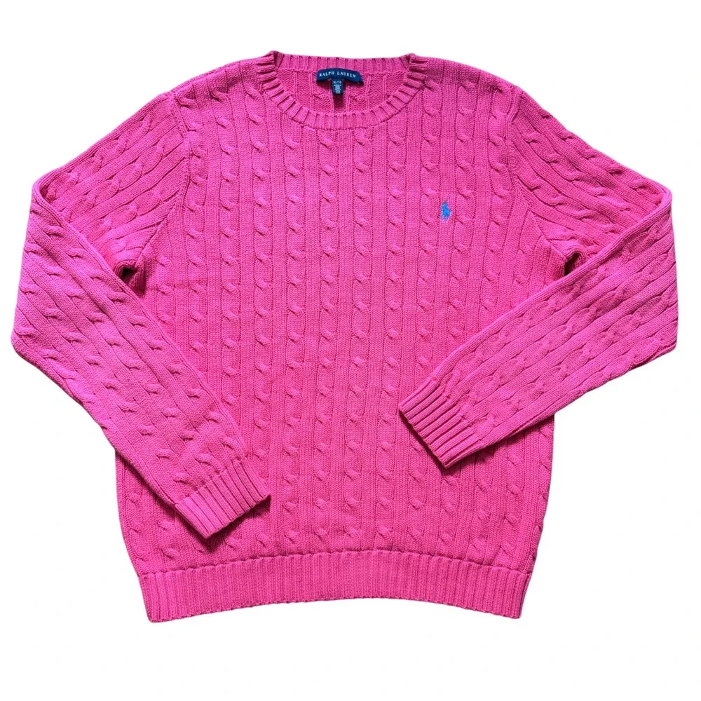 Vintage Ralph Lauren Mens XL Pink Cable Knit Cotton Crewneck Sweater Blue Pony